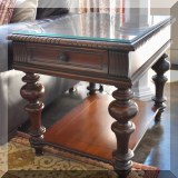 F04. Lane Furniture wooden cherry side tables (2) with glass protective tops. 24”h x 22”w x 28”d 